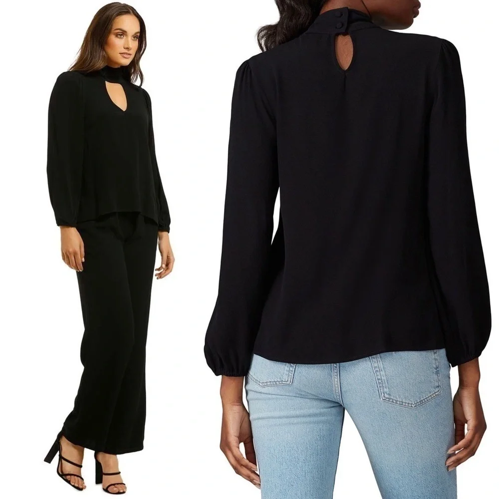 FLYNN SKYE 70s High Neck Front &‎ Back Cutout Long Puffed Sleeve Crepe Blouse M